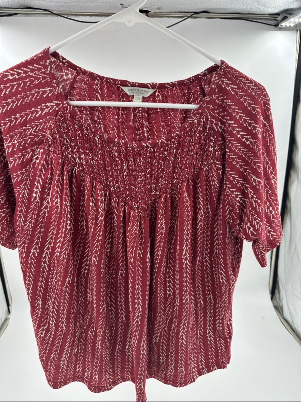 Lucky Brand Maroon Smocked Peasant Blouse with Chevron Print